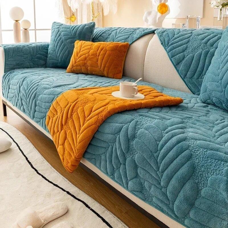 Thicken Short Plush Sofa Cover Living Room Leaves Jacquard Sofa Towel Anti-slip Solid Color Sofa Protector Slipcovers Removable