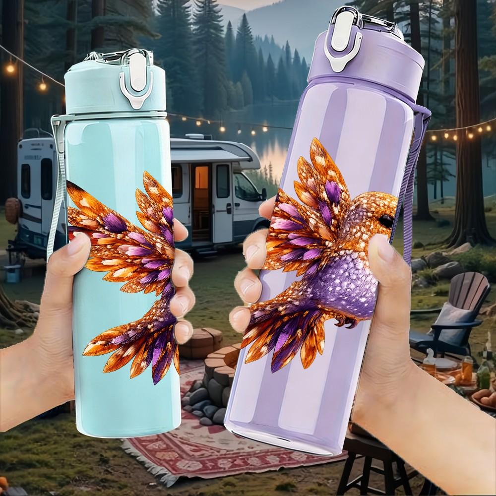 1PC Colorful Hummingbird Illustration 750ml Color Plastic Sports Water Bottle Leakproof Flip Straw Lid Suitable for Sports Office Home Use