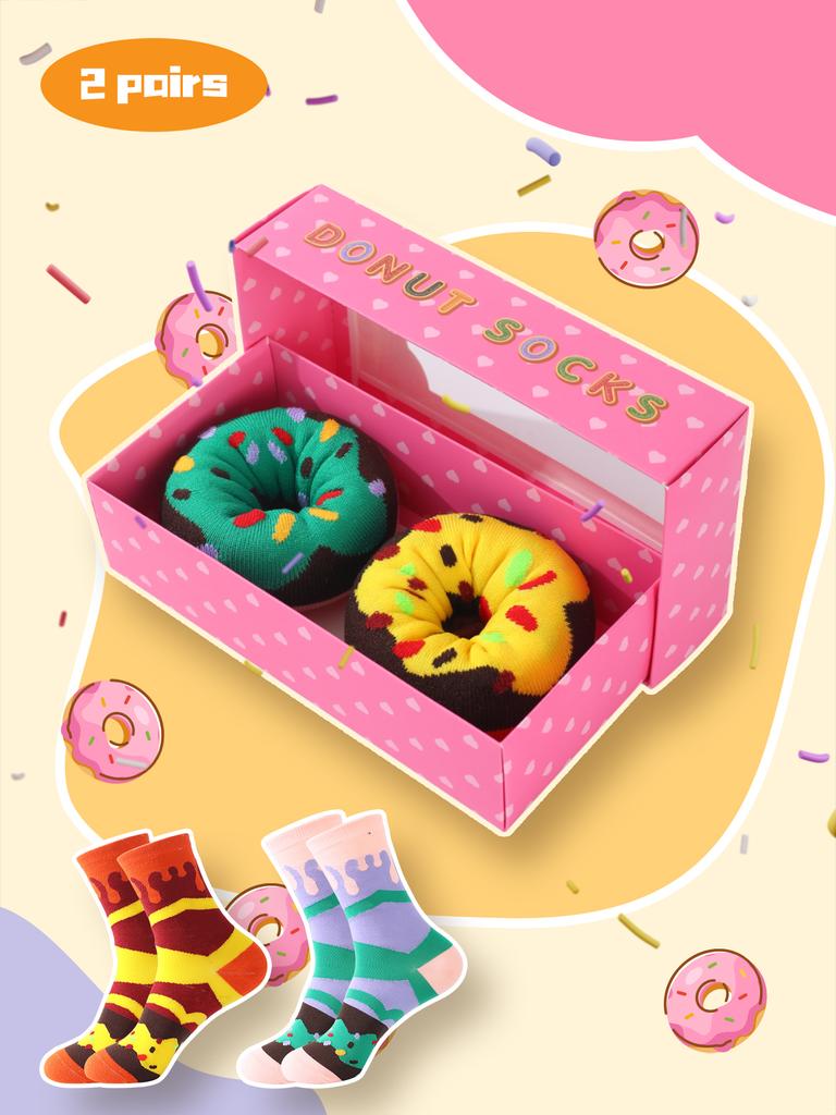 2 pair of mid-calf unisex socks in a sweet doughnut shape, a novel and creative fun holiday gift.