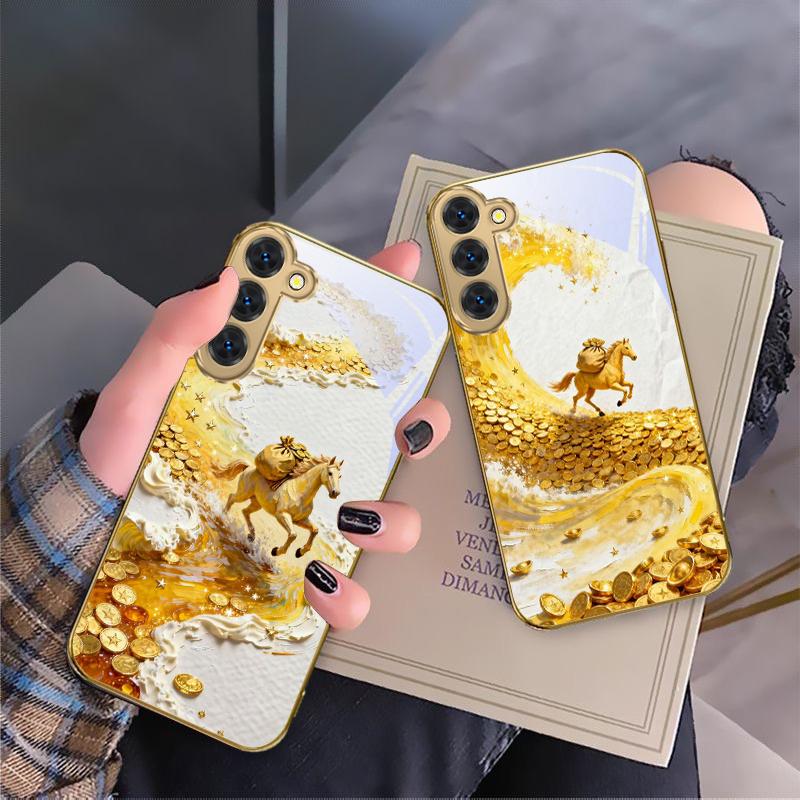 Golden Galloping Horse For Samsung Galaxy S20 FE S21 S22 S23 Plus S24 Ultra S25Ultra S21+ S9+ S22Plus Golden Glass Phone Case
