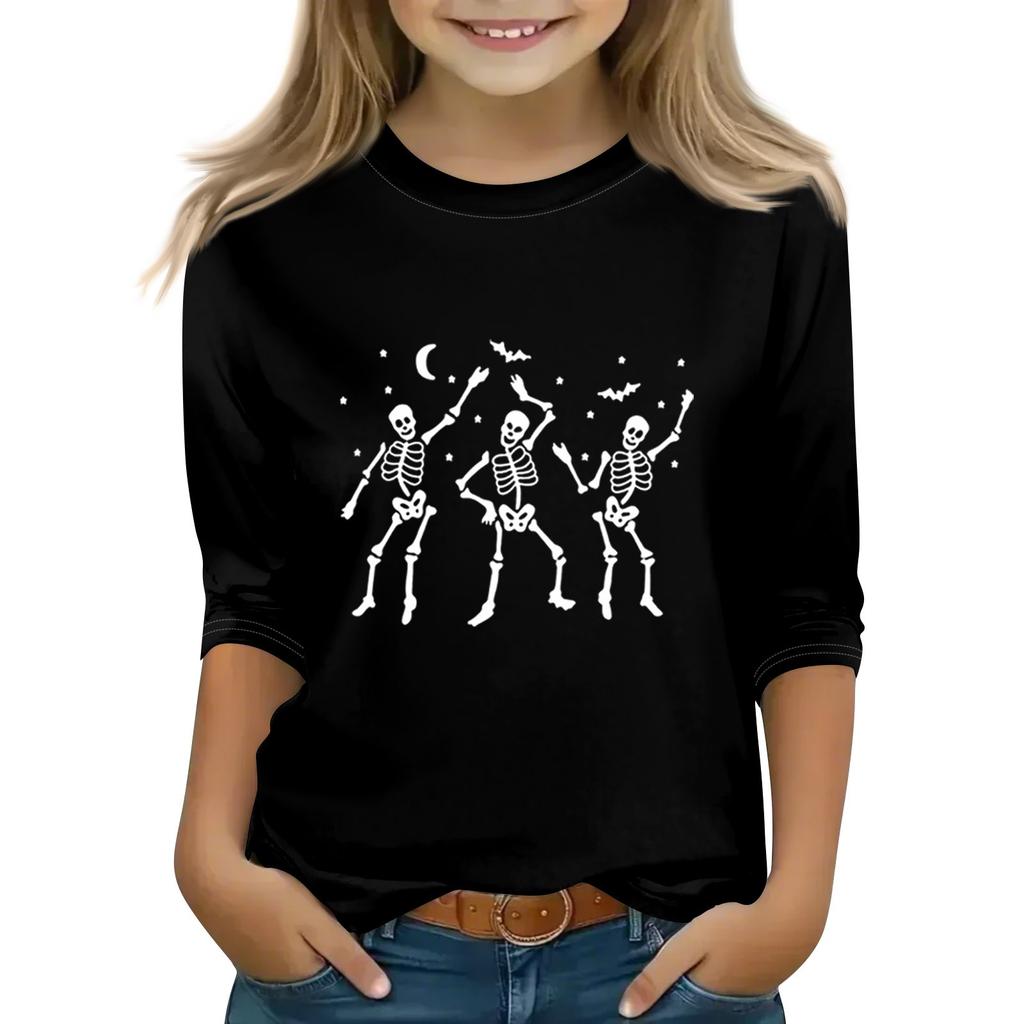 Print Tops For Youth Girls Round Neck 3/4 Sleeves T-Shirts Trendy Tops Outfit Tees