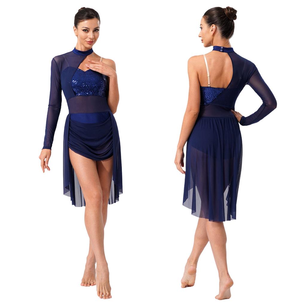 Damen Lyrischer Tanz Trikot Rollkragen Verstellbare Spaghettiträger Ein Schulter Glitzernde Pailletten Kleid