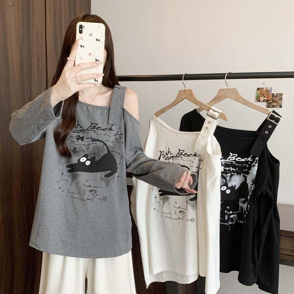 Plus Size Asymmetrical Cartoon Print Long Sleeve T-shirt - Women's Spring/Autumn Loose Slimming Top