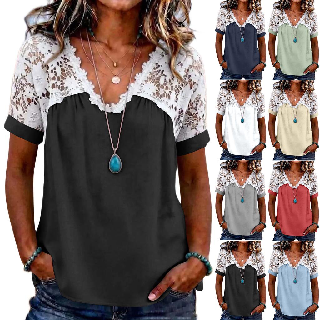Women’s Short Sleeve Lace Patchwork Blouse V Neck Casual Loose Fit Top with Floral Crochet Design for Daily Wear