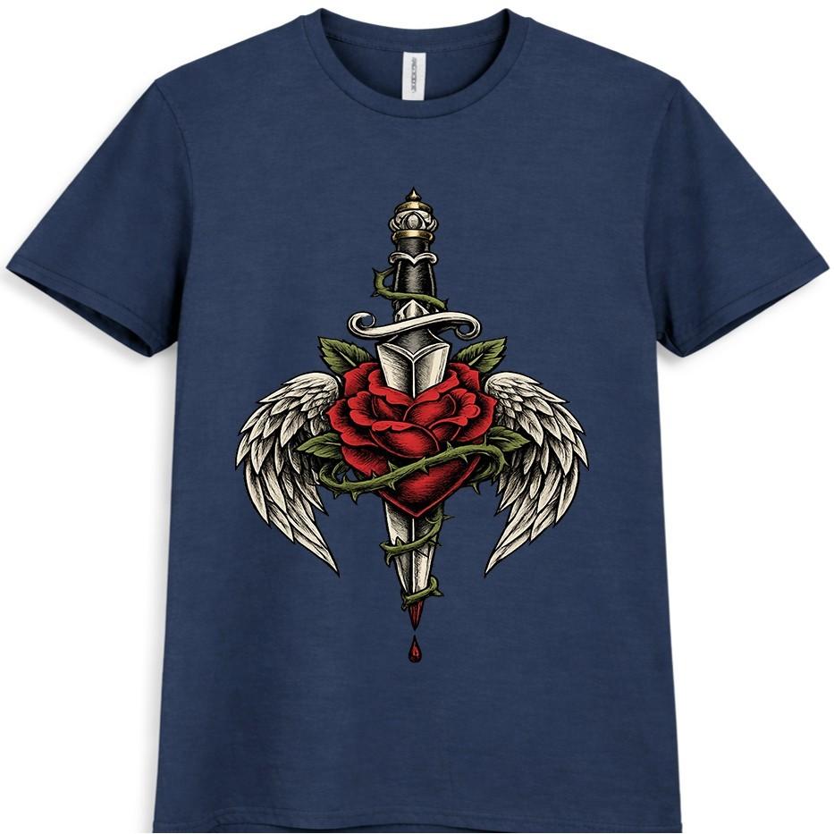 Dagger Rose T Shirt Angel Wings Gothic Tattoo Style Streetwear Graphic Tee