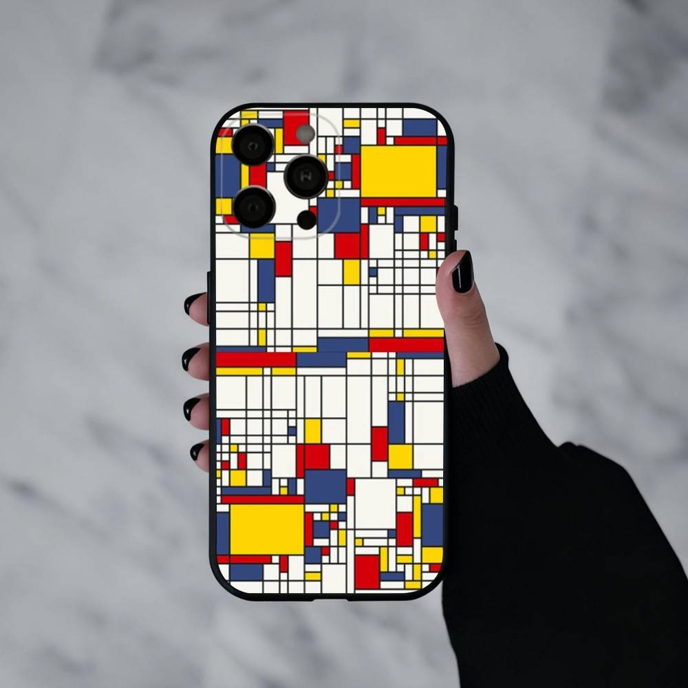 Grid T-TOPLBPCS M-Mondrian  Phone Case For iPhone 17pro,16,15,14,13,12,11 Plus,Pro Max,XS,Soft Silicone Black Cover