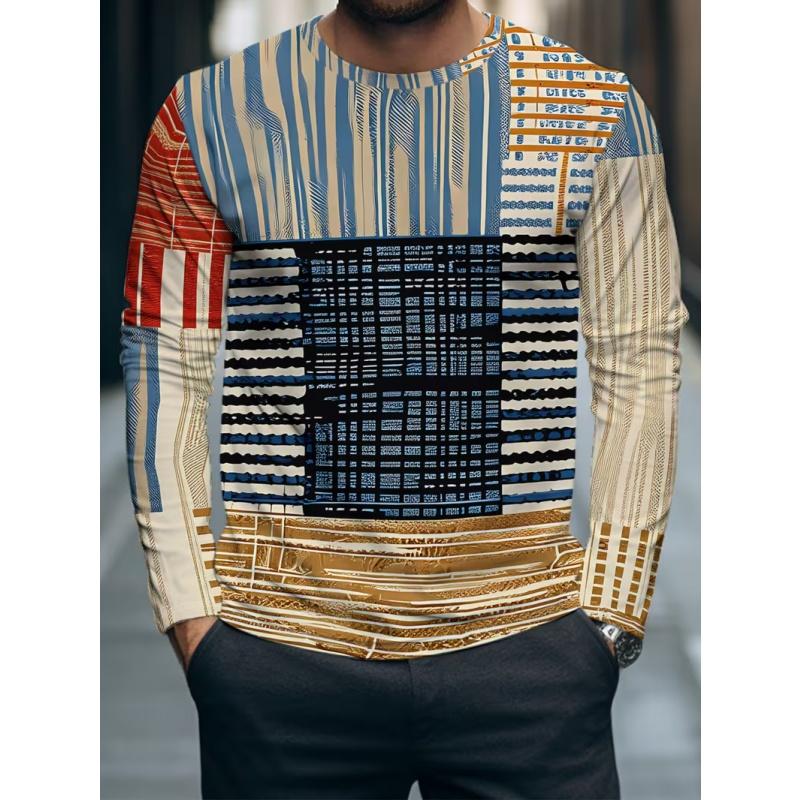 Men's Casual Autumn and Winter Printed Long-sleeved Crew Neck T-shirt