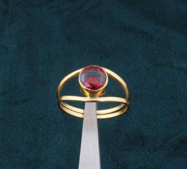 Red Garnet Double Band 22kt Gold Plated Brass Ring For Men Women, Handmade Round Gemstone Gold Ring Gifts Idea Wedding Anniversary Birthday