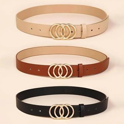 1pc Ceinture Femme Tendance Ceinture à Triple Boucle Ronde Simple Polyvalente Ceinture Jeune Ceinture en Cuir PU Associée à Jean Robe Ceintures pour Dames