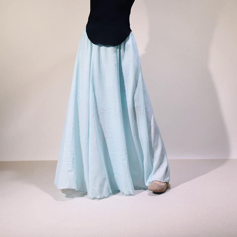 Women's Double Layer Cotton Linen Maxi Skirts Boho Solid Elastic High Waist Pleated A-Line Flowy Swing Long Maxi Skirts Soft Maxi Skirts for Women