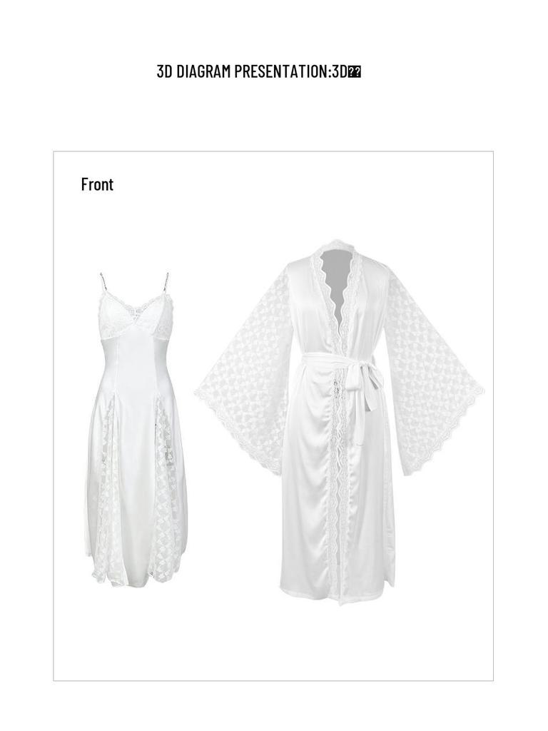 Sottoveste Camicia da Notte in Raso Bianco con Pizzo, Gonna Lunga Trasparente e Vestaglia