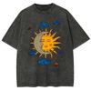 Herren T-Shirt mit Mond- und Sonnenaufdruck Oversized Kurzarm Retro Gewaschenes Shirt Sommer Top 260324