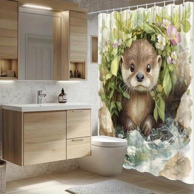 1pc Otter In Blooming Garden Shower Curtain - Serene Natural Artwork, 70.8x70.8", Polyester, 12 Hooks, Easy To Hang