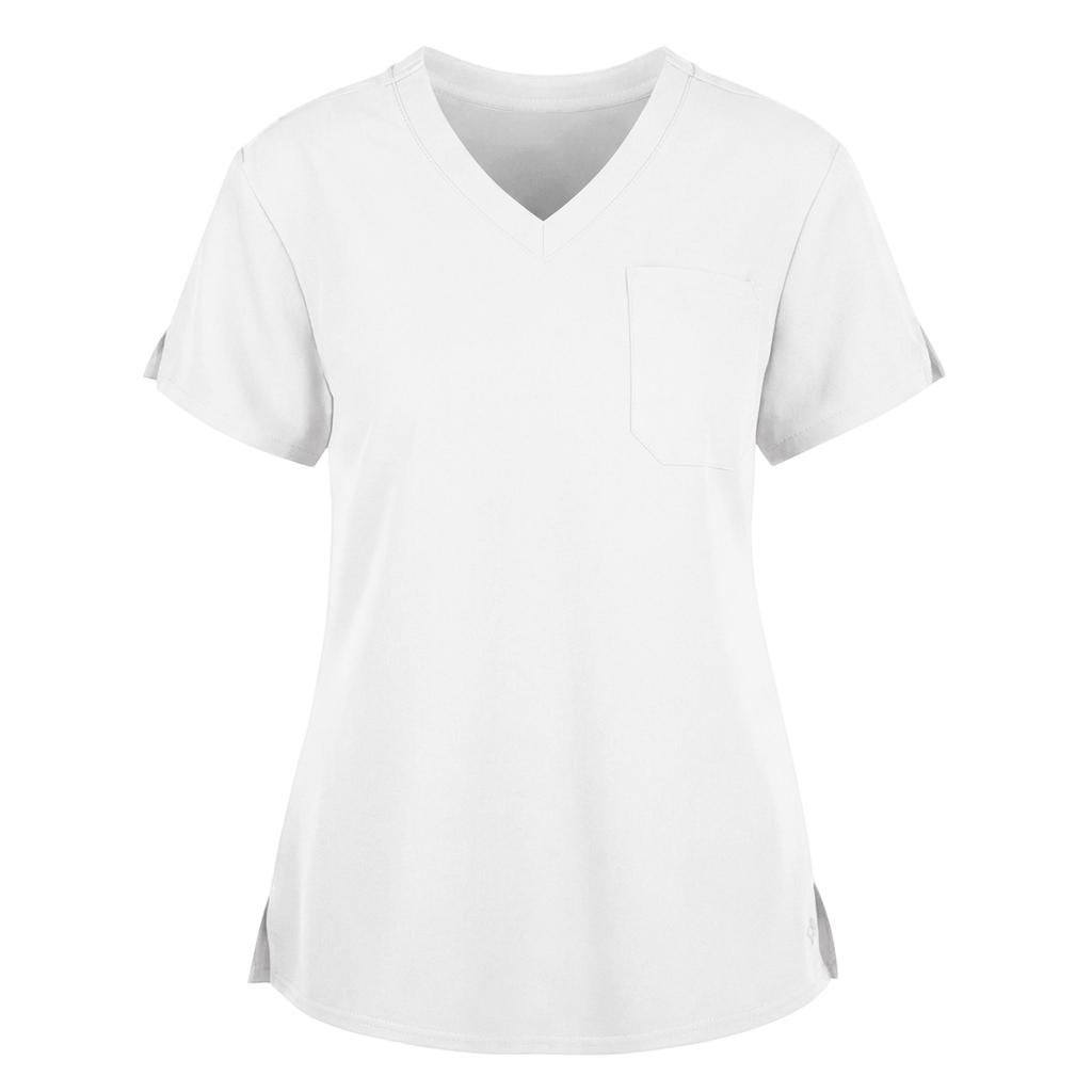 Women's Fashionable Loose-Fit Short-Sleeve V-Neck Workwear Blouse With Slit And Pockets