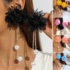 Large Fabric Flower Earrings Boho Faux Pearl Dangle Drop Earrings Long Rhinestone Tassel Earrings for Holiday Vacation Parties Beach