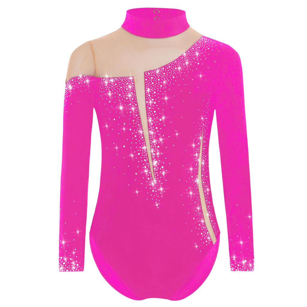 Dívčí třpytivé kamínky gymnastický dres dlouhý rukáv klíčová dírka na zádech průsvitná síťovina patchwork body pro krasobruslařskou soutěž
