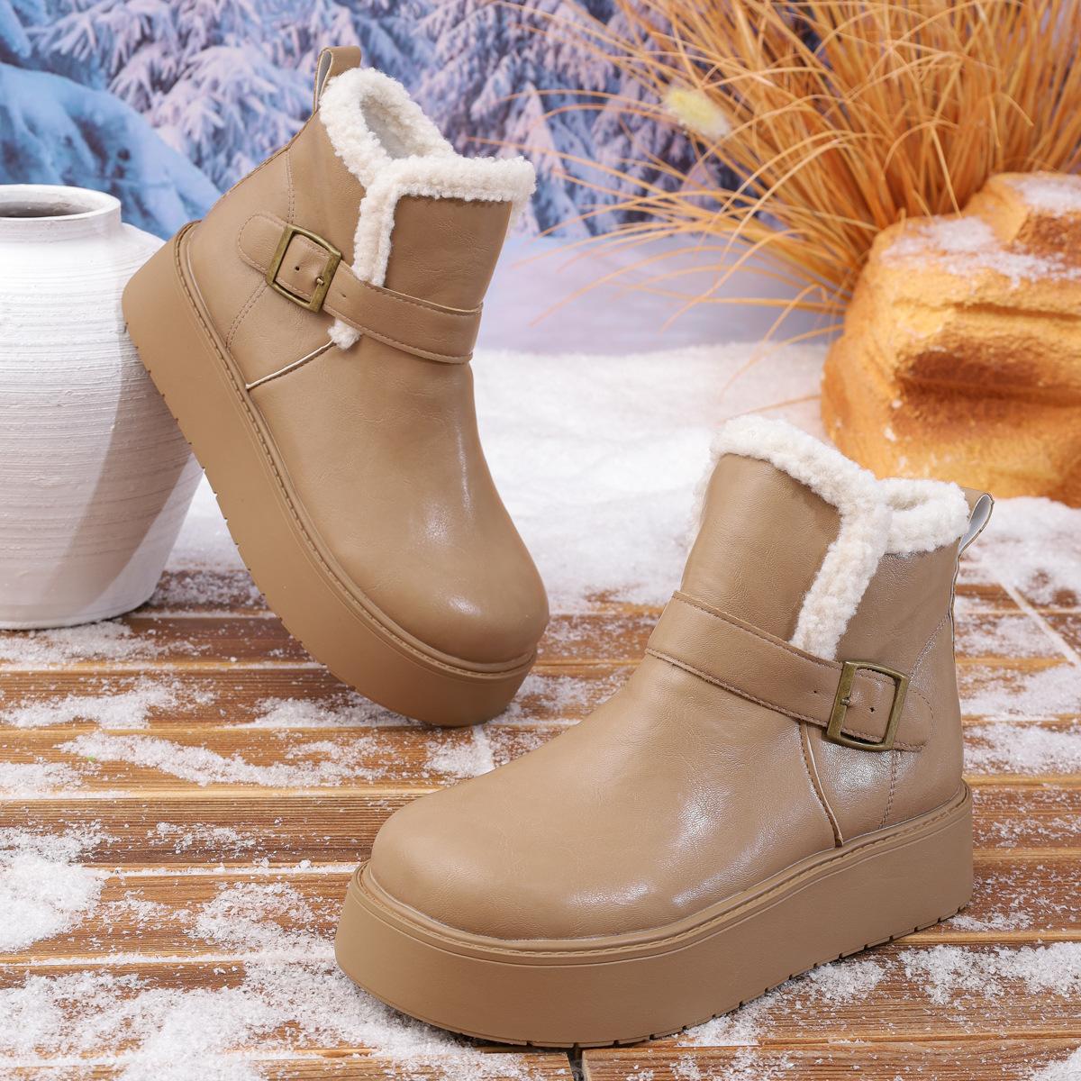 

Women s Platform Snow Boots Winter Warm Plush Lined Plus Size 35-43 Round Toe Retro Buckle Ankle Boots Non-Slip Thick Sole 43 хакі