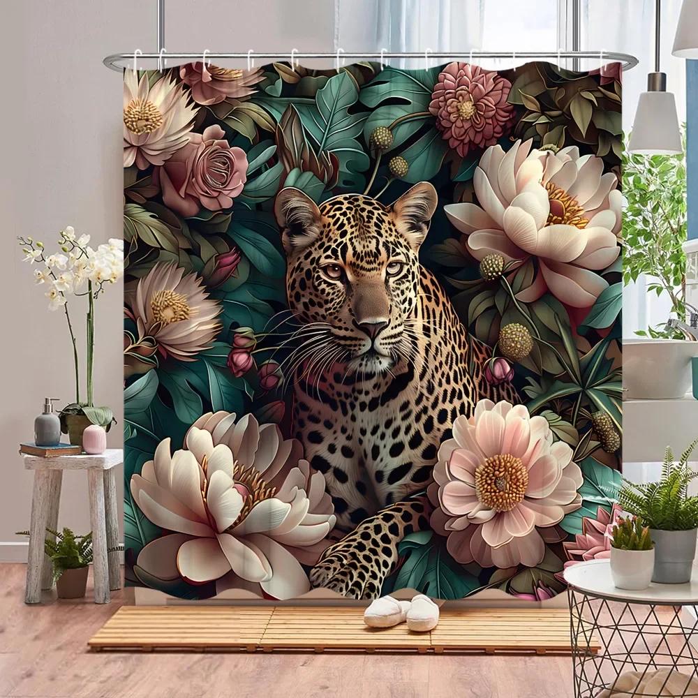 Wildtier Duschvorhang Blume Pflanze Löwe Kuh Tiger Dschungel Szenerie Cartoon Bauernhof Zuhause Polyester Stoff Badezimmer Dekor Vorhang Set