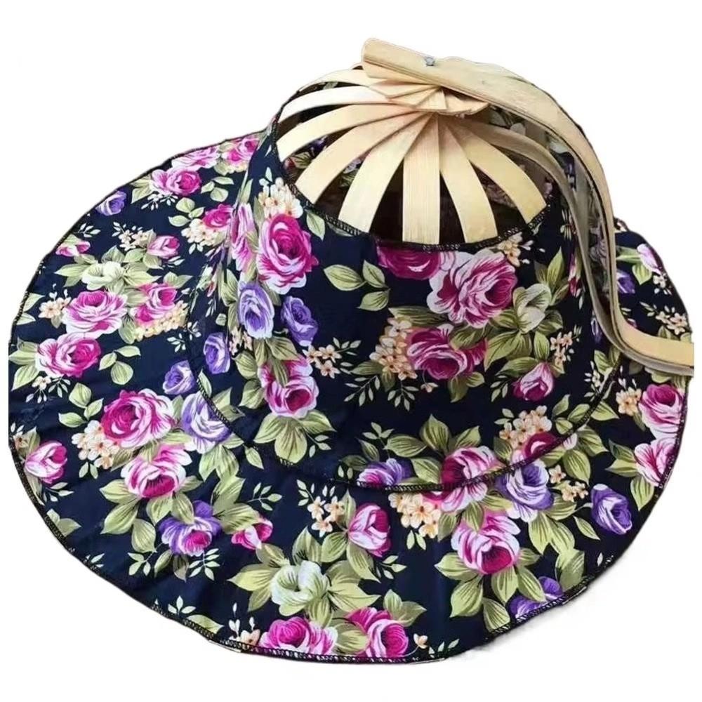 Floral Printed Fan Sun Hats Foldable Bamboo Sunscreen Cap Women Sunhat Folding Fan Hat  for Travel