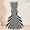 Women Plus Size Two Piece Set Long Sleeve Open Cardigan Sleeveless Round Neck Tie Waist Geometric Printed Black White Dress