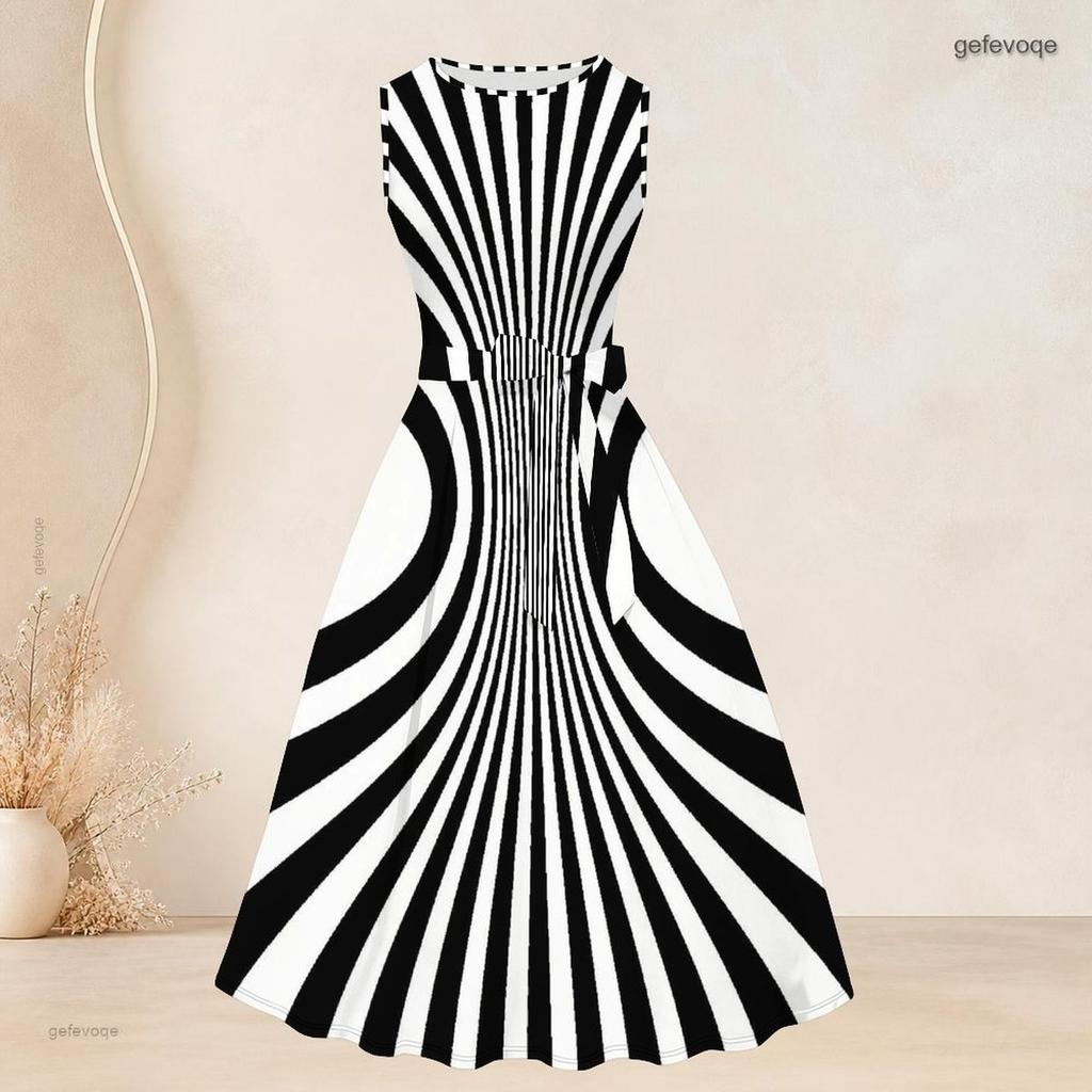 Women Plus Size Two Piece Set Long Sleeve Open Cardigan Sleeveless Round Neck Tie Waist Geometric Printed Black White Dress