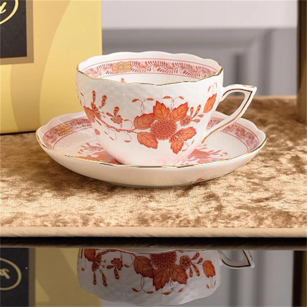 Creative Afternoon Tea Coffee Cup And Saucer Flower And Bird Printing Black Tea Cup Set Kitchen Supplies Cup And Saucer Gift