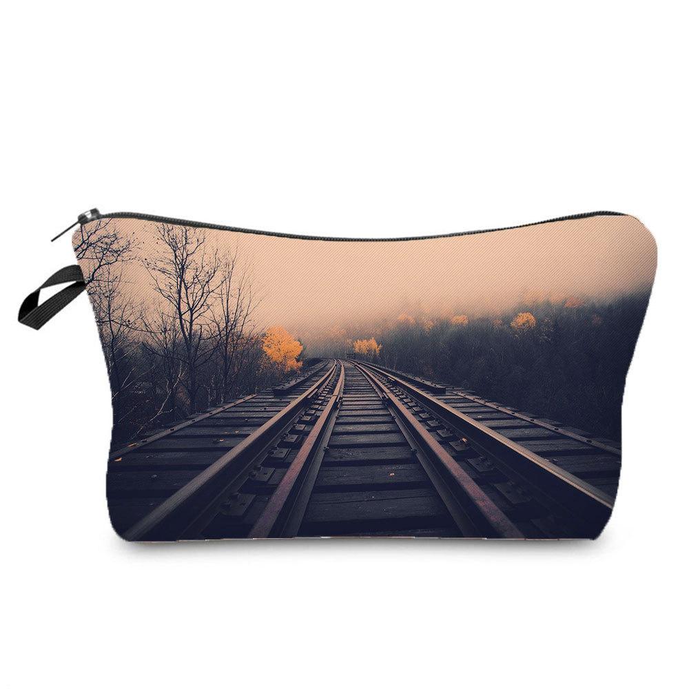 Women Railway Print Cosmetic Bag Toiletries Organize Travel Storage Case 6782
