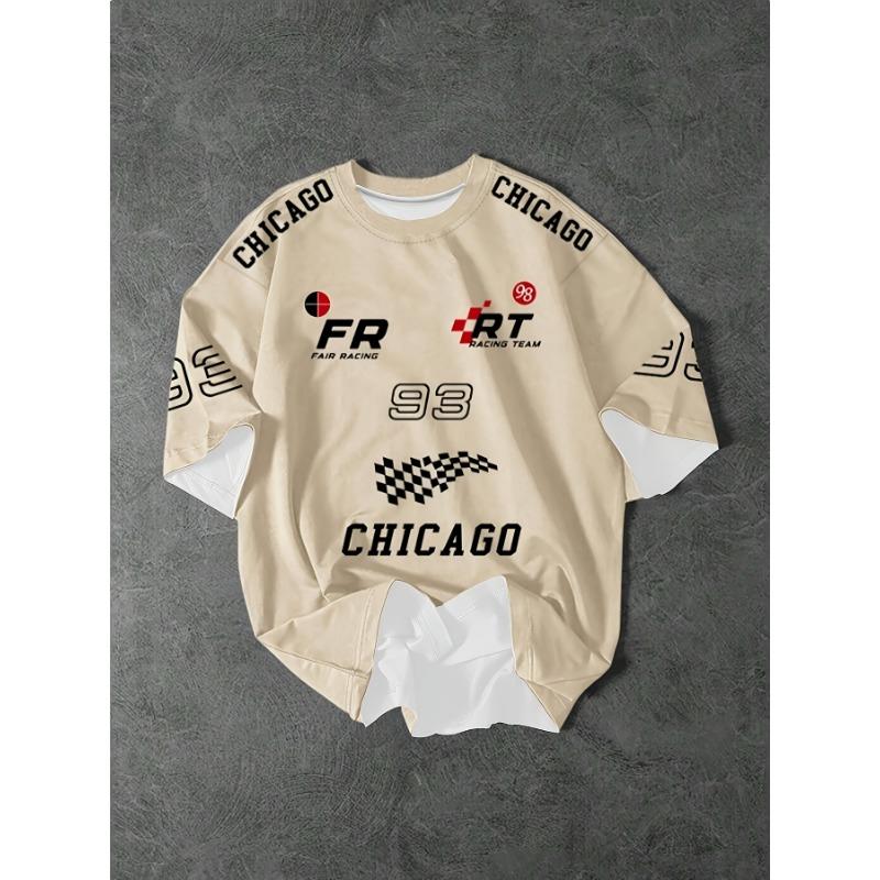 Men'S Retro Racing Pattern Short Sleeve T-Shirt - Breathable Polyester, Chicago Street Style Logo Design