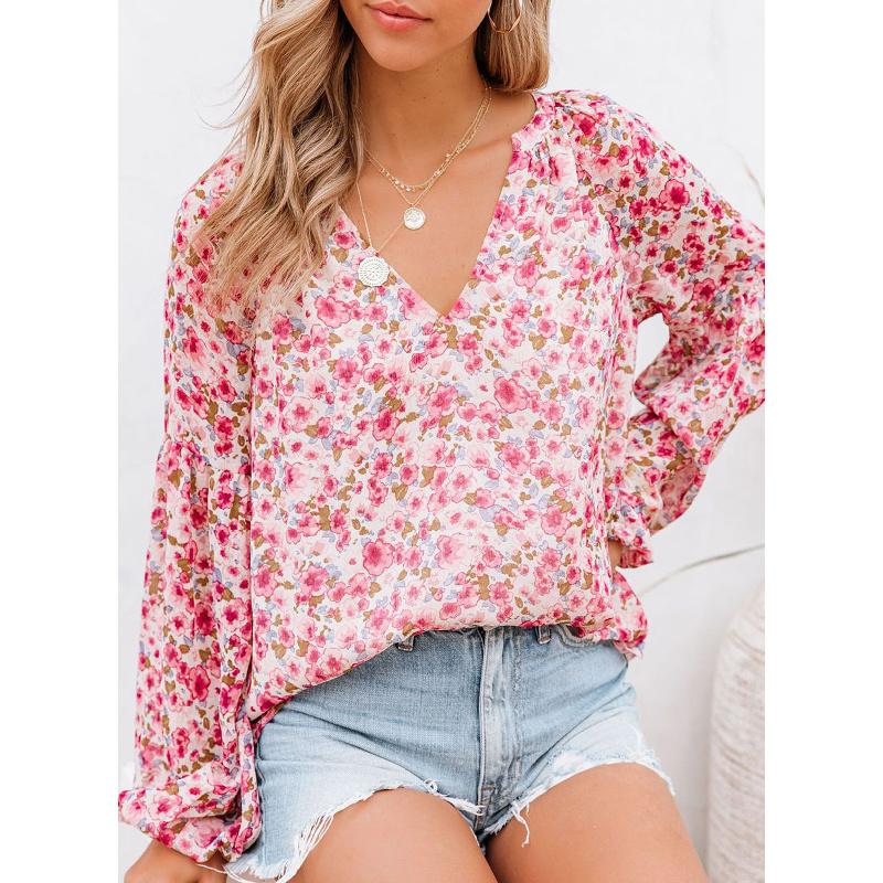 2026 New Spring and Autumn Women's V-neck Chiffon Top Lantern Sleeve Floral Casual T-shirt