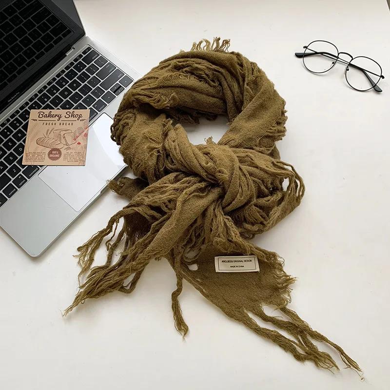 Ripped Hole Tassel Vintage Scarf Men Women Autumn Spring Retro Ragged Hip Hop Punk Y2K Neck Warmer