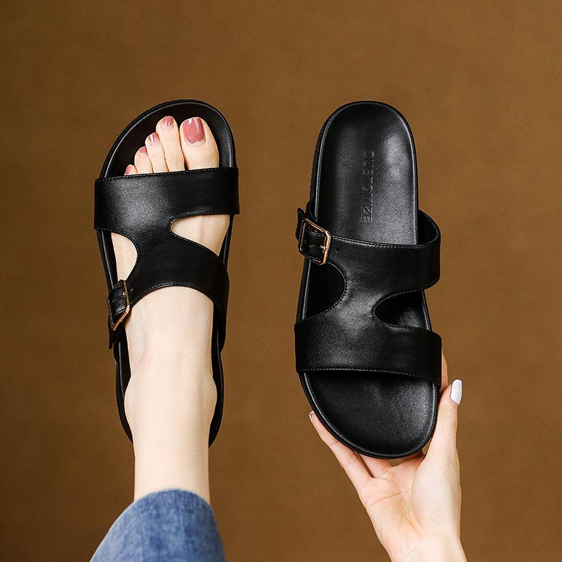 Fashion 2025 New Summer Women Sandals Genuine Leather Women Shoes Open Toe Med Heel Shoes Slippers Beach Modern Slippers Flat With