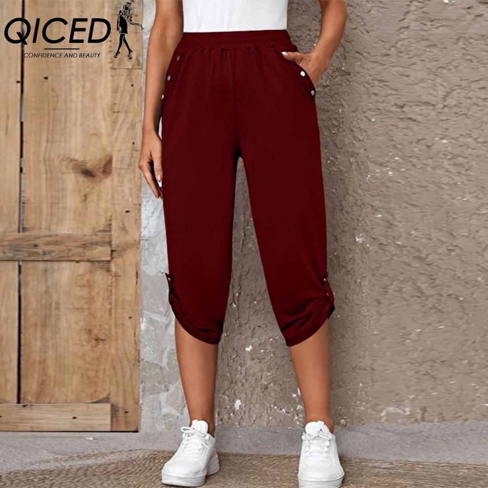 QICED Damen Cropped Hosen mit Taschen und elastischem Bund, Sommerknöpfe