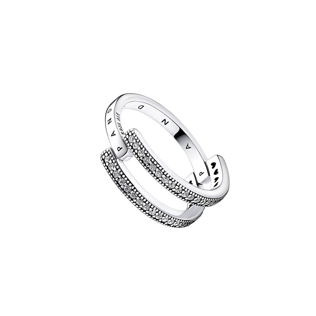 Pandora Pavé-Logo Doppelring Hohl-Dekoration 925er Silberring Damenringe 192779C01