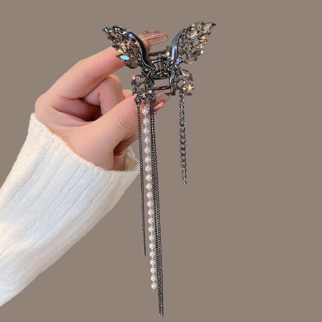 Zircon Butterfly Tassel Hair Clip with Wide Metal Grip for Women Elegant Alloy Statement Hairpin for Parties Weddings and Daily Wear