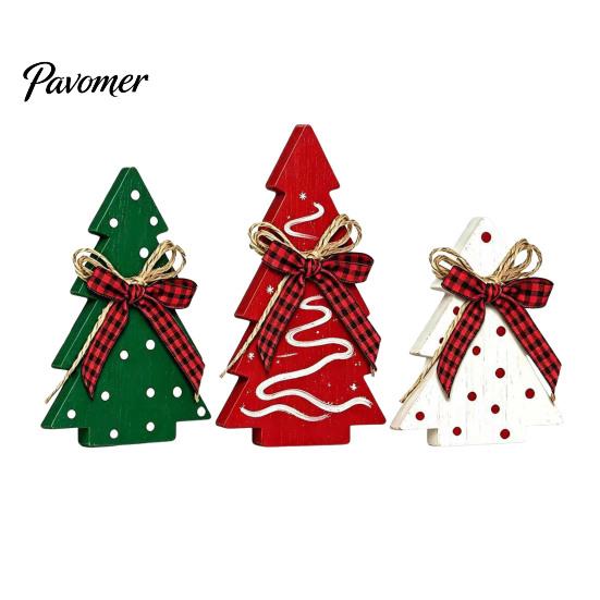 Vintage Country Style Home Accents 3Pcs Wooden Christmas Tree Ornaments with Plaid and Hemp Rope Bow, Rustic Farmhouse Small Figurines Polka Dot Xmas