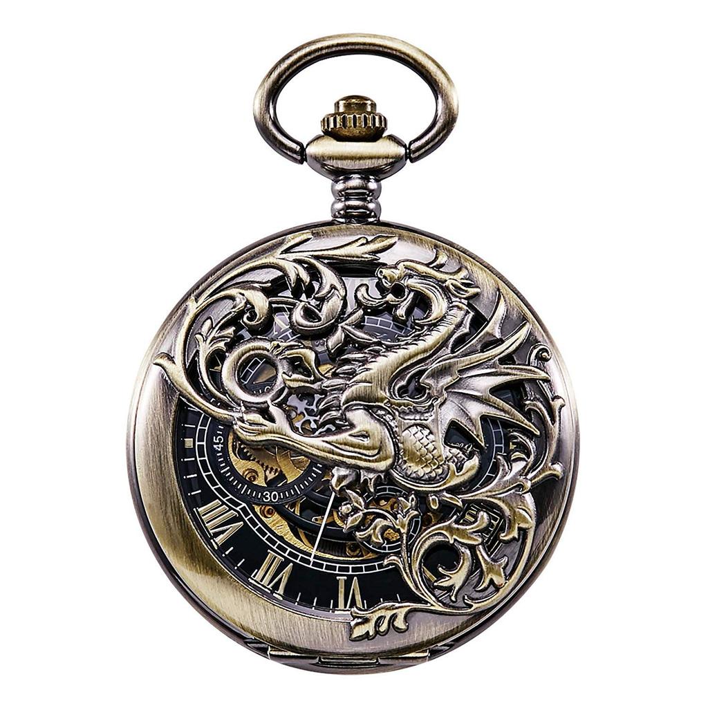 TREEWETO Mechanical Pocket Dragon Roman Bronze with Chain Hand-Winding Watch, Double-Sided Cover, Openwork, Numerals, Skeleton,