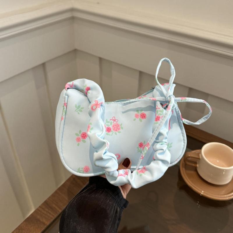 1Pcs Cute Flower Bow Print Canvas Shoulder Bags New Korean Girl Handbags Outdoor Travel Women Keys Phone Messenger Bag