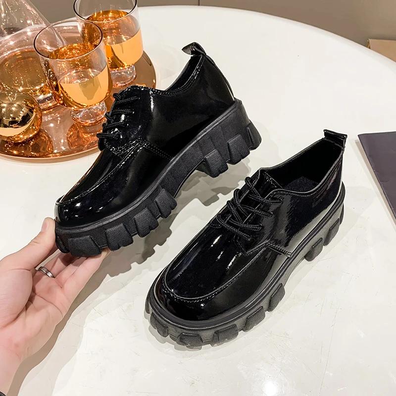 Moda fierbinte, clasici, negru, cu platformă, pantofi oxford, pantofi pentru femei, vară, toamnă, ocazional, pantofi cu șireturi, punk, gotic, din piele
