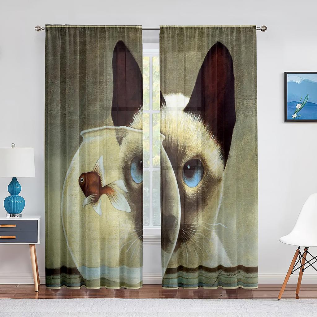 Niedliche Katze Aquarellmalerei Kunst Floral Transparente Voile-Vorhänge für Schlafzimmer Küche Tüll-Fenstervorhänge für Wohnzimmer Vorhänge