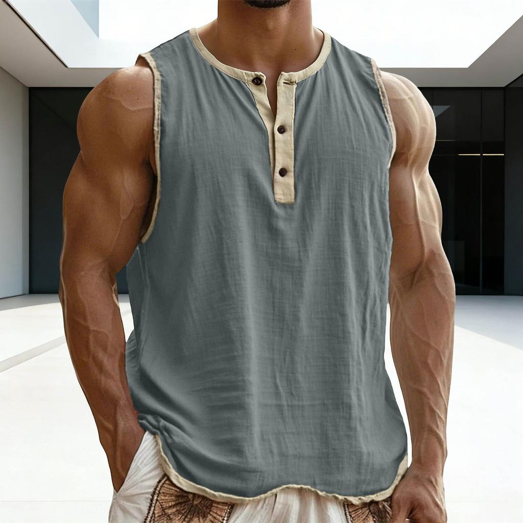 Men Color Block Sleeveless Muscle Workout Gym Shirts Casual Button Down Slim Fit Tee