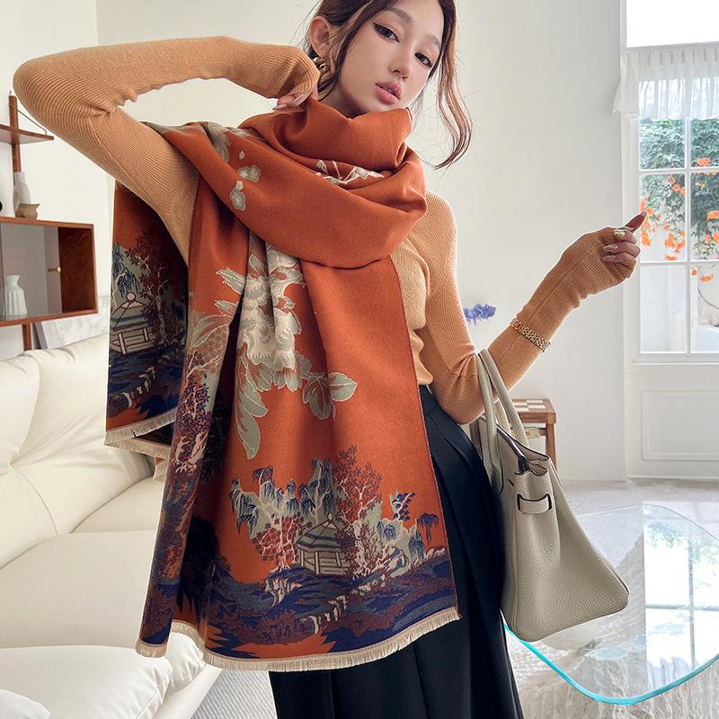 

Autumn and winter new peony imitation cashmere scarf thickened warm fringed scarf fashionable and elegant women s shawl 190*65cm оранжевый