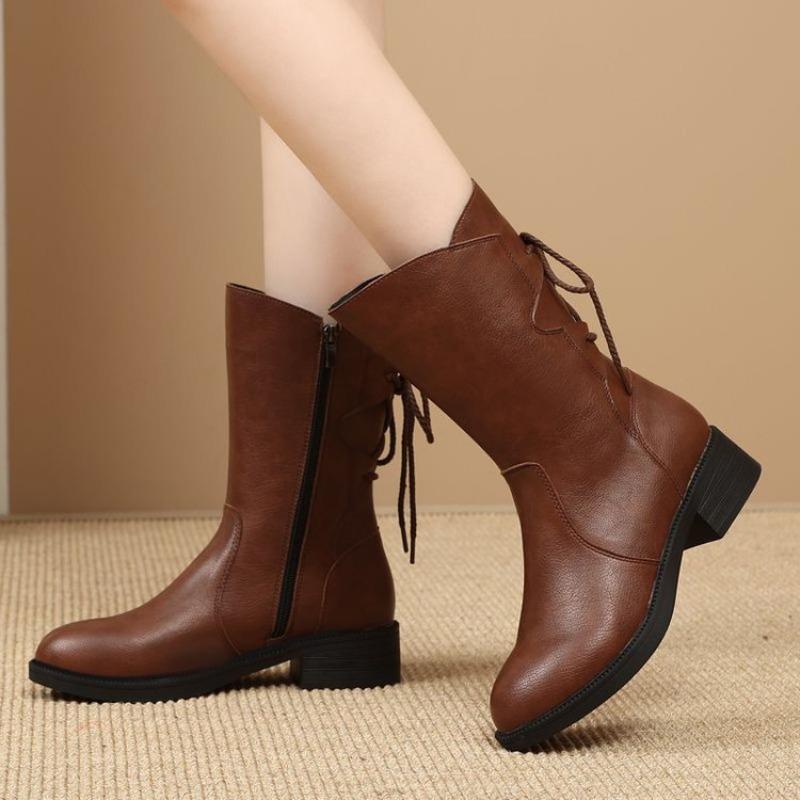 

Medium boots women s leather boots soft-soled velvet winter new Martin boots medium heel non-slip thick heel boots 42