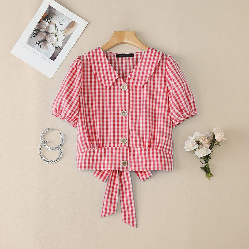 

ZANZEA Женская летняя блузка с отложным воротником, коротким рукавом и клетчатым принтом XL красный