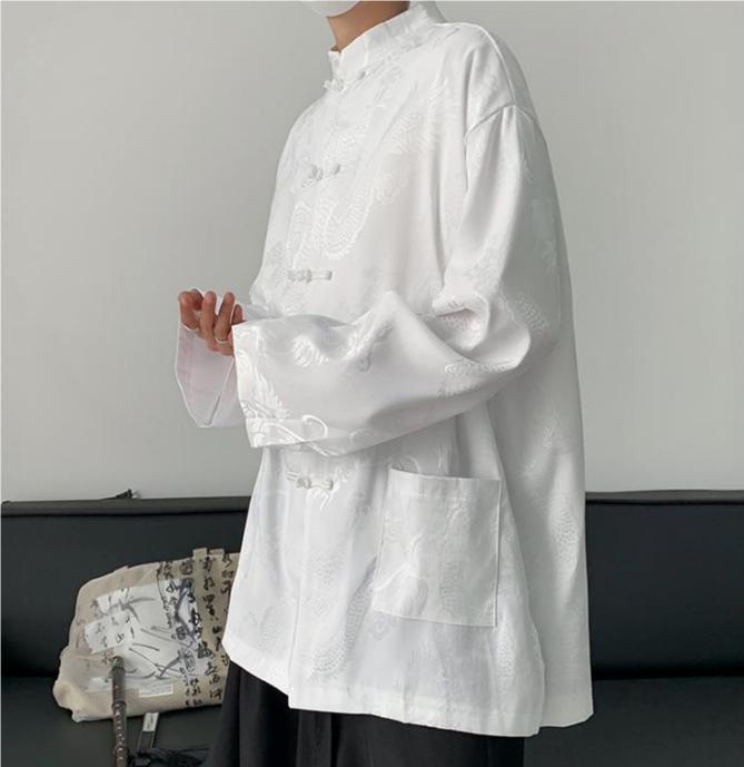 Male Hip Hop Gothic Tops Chinese Style Jacquard Dragon Shirt Harajuku Blouses Satin Streetwear Long Sleeve Tang Clothes
