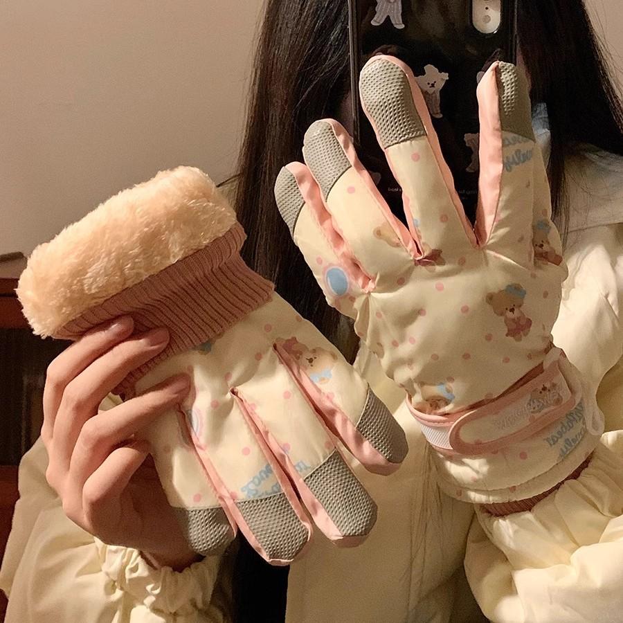 Cute bear finger ski gloves women's warm and velvet outdoor cycling anti-cold and non-slip