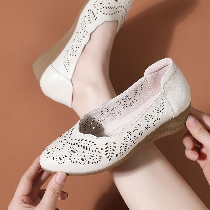 Fashion GKTINOO Genuine Leather Ladies Breathable Hollow Summer Shoes Women Flats Slip-On Sandals Round Toe Soft Wedges Shoes Casual