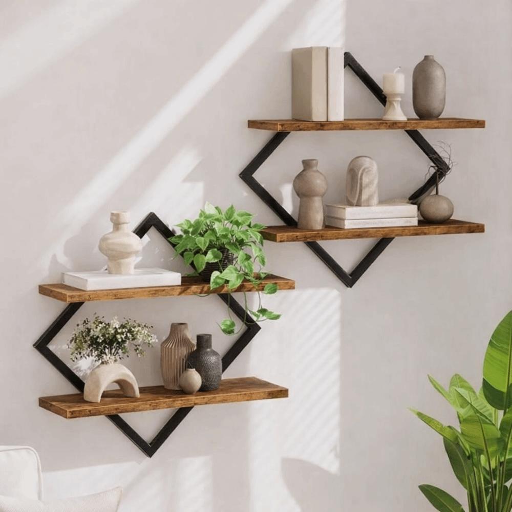 2PCS Organizer 2-Tier Wood Floating Shelves Wall Mounted Space Saving Wall Shelves Decorative Display Shelves Kitchen