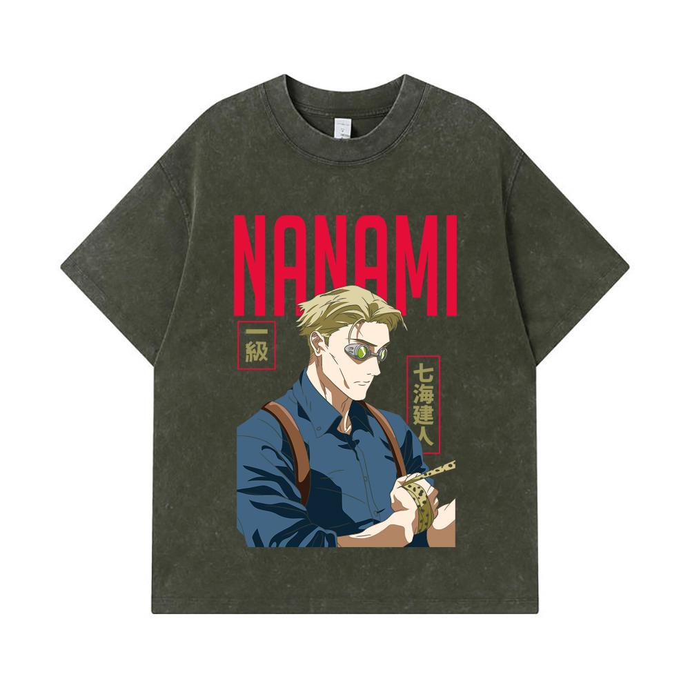 

275 GSM Washed T-shirts 100% Cotton Jujutsu Kaisen V60 Nanami Print Unisex Heavy Cotton T Shirt S армия зеленый