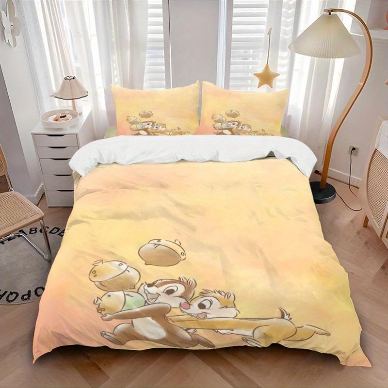 3pcs Charming Chip 'n Dale Acorn Adventure Bedding Set - Includes Quilt Cover and Pillowcases, Suitable for All Seasons, Machine Washable - Ideal