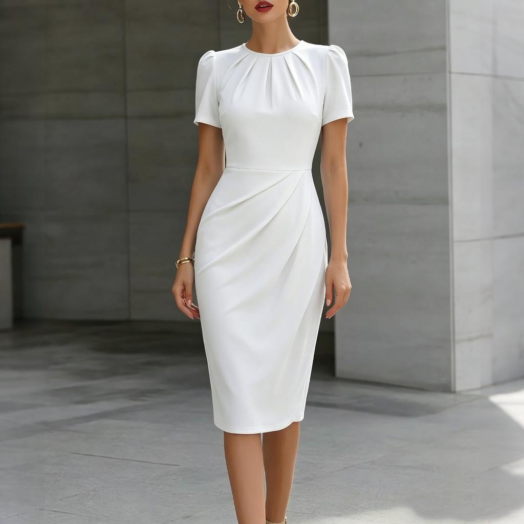 Dámské pouzdrové šaty s krátkým rukávem, kulatý výstřih, jednobarevné, délka ke kolenům, plisovaný pas, úzký střih, pouzdrové šaty